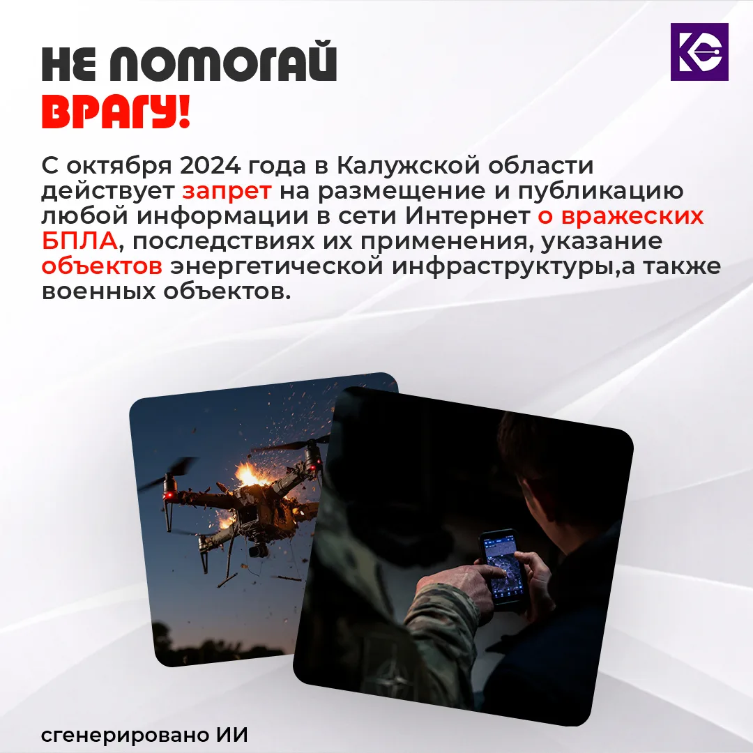 ‼️ ПОМНИ ‼️ В Калужской области действует запрет на размещение информации о вражеских БПЛА и последс