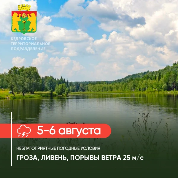 ⛈️ Резкая смена погоды

5-6 августа в Кедровом и по центральным округам края местами ожидаются сильн