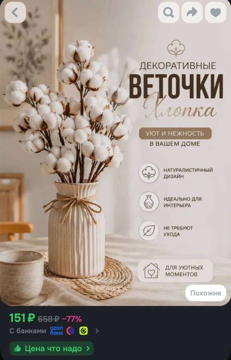 Сухоцветы Хлопок 110 г 10 шт белый
