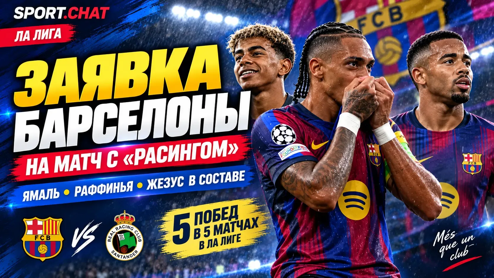 «Барселона» объявила заявку на матч с «Расингом»: Ямаль, Раффинья и Жезус в составе