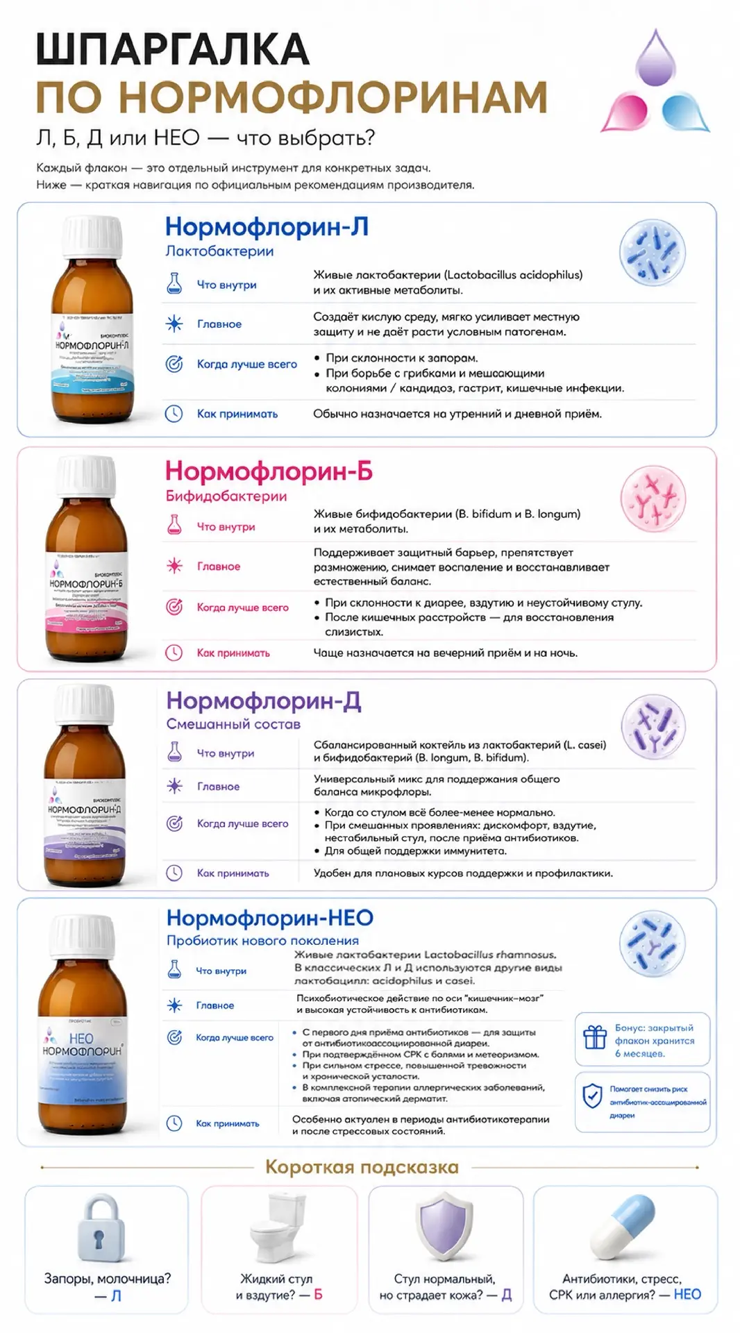 🧪📋 Шпаргалка по Нормофлоринам: Л, Б, Д или НЕО — что выбрать?

На полке в аптеке или в каталоге ли