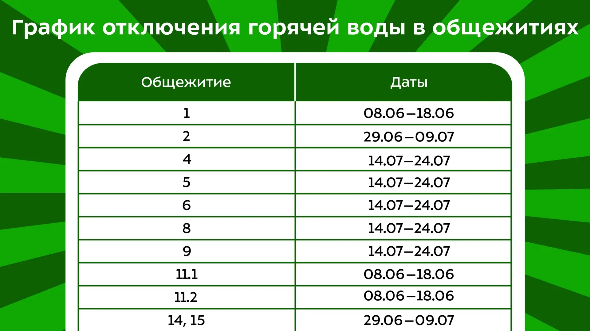 График планового отключения горячей воды в общежитиях МГТУ им. Н.Э. Баумана в г. Москва...