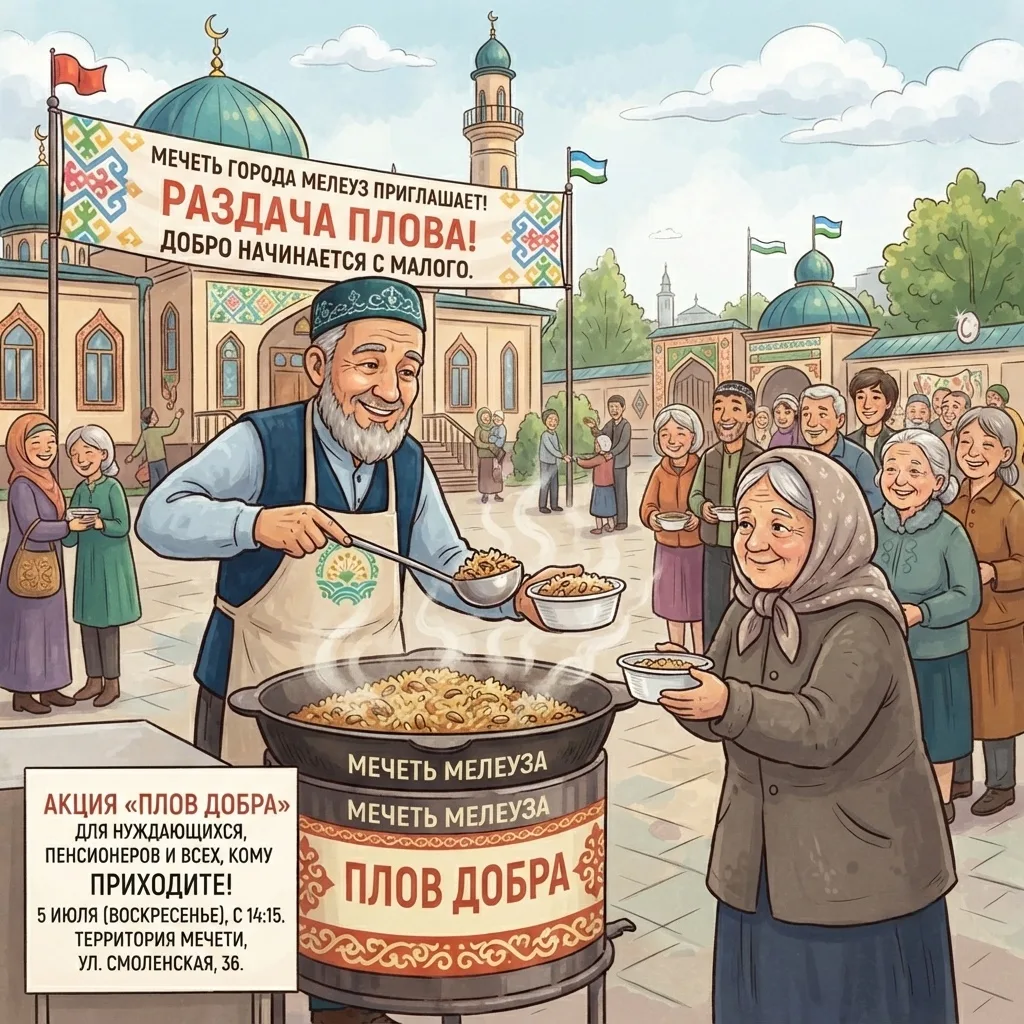 Раздача  плова от мечети Мелеуза. ❤