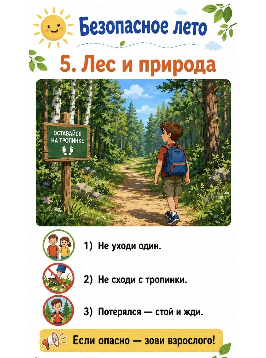 Безопасное лето: лес и природа 🌲🏕️

Не уходи один. ❗️
Не сходи с тропинки. 👣
Потеряешься — стой и