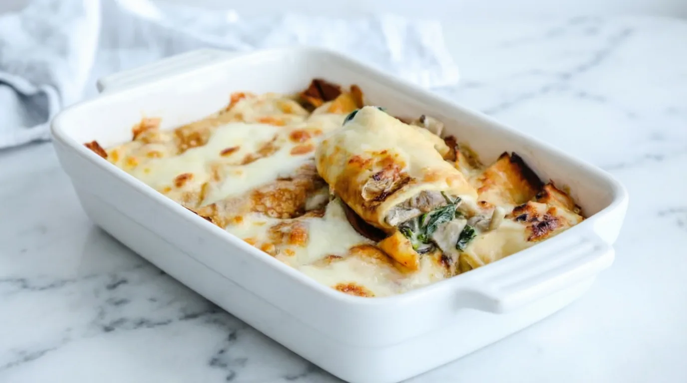 Блинчики с грибами, шпинатом и сыром в духовке