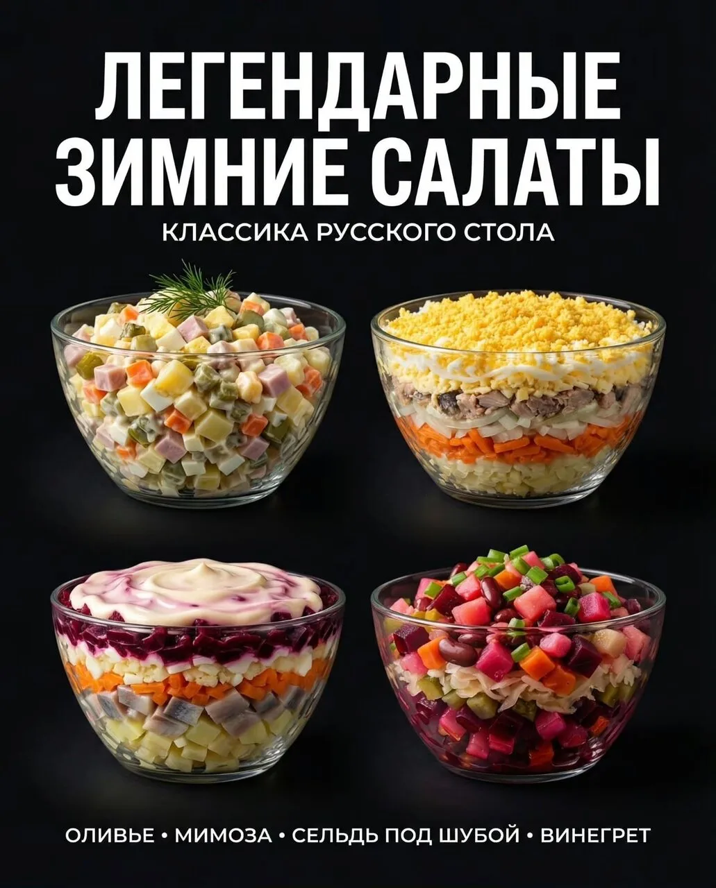 РУССКИЕ ЗИМНИЕ САЛАТЫ

Салат «Оливье»

Картофель (кубики) 300 г, 240 ккал
Морковь (кубики) 150 г, 60