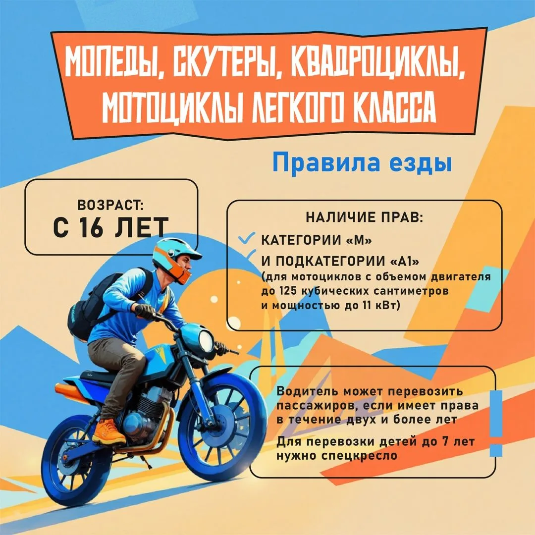 Основные правила езды на лёгких мотоциклах
Наличие прав категории A1. Управление мотоциклом без соот