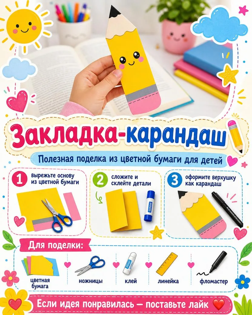 Закладка-карандаш ✏️

Яркая поделка из цветной бумаги для занятий с детьми дома, в лагере, в детском