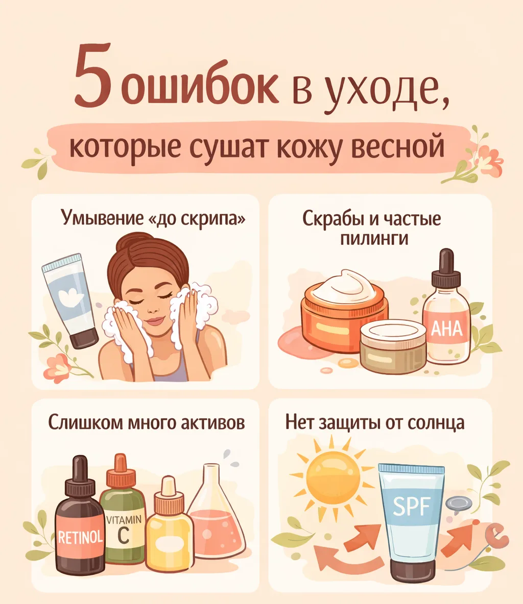 5 ошибок, которые сушат кожу весной.

Если кожа весной стала сухой — проверь себя:

✅ Умываешься «до