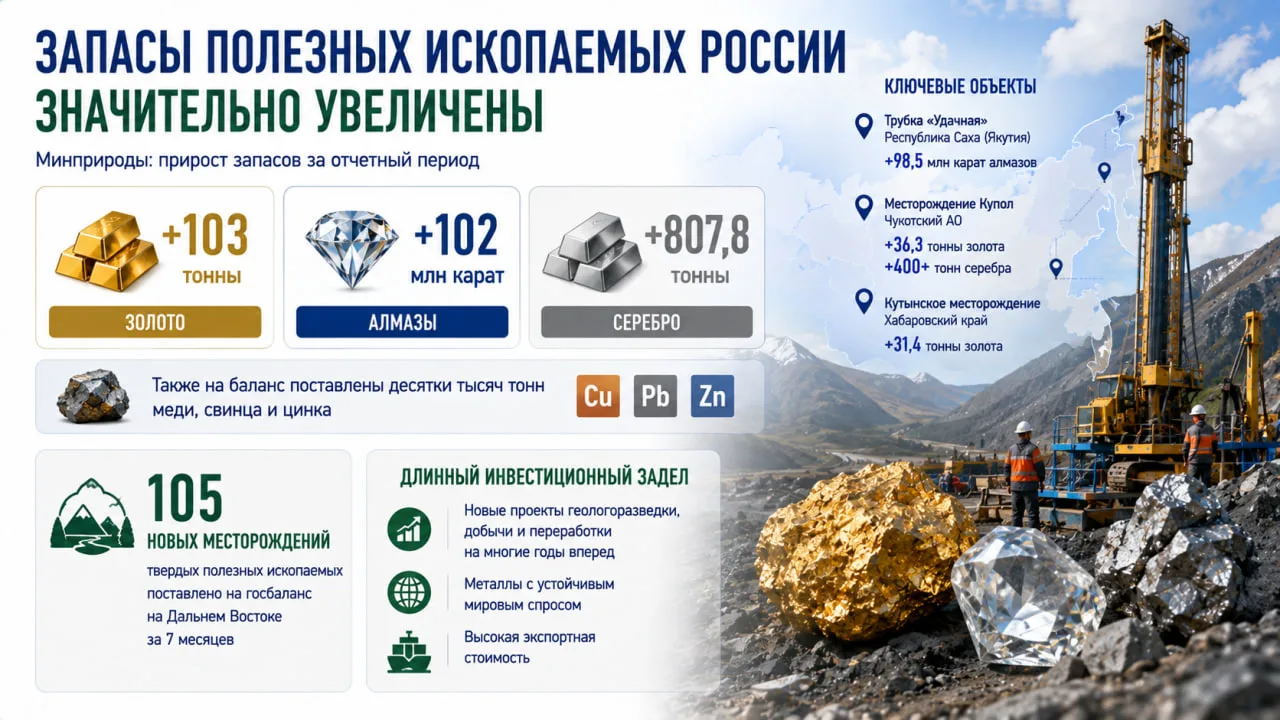 Разведанные запасы золота в России выросли на 103 тонны, алмазов — на 102 млн карат, се...