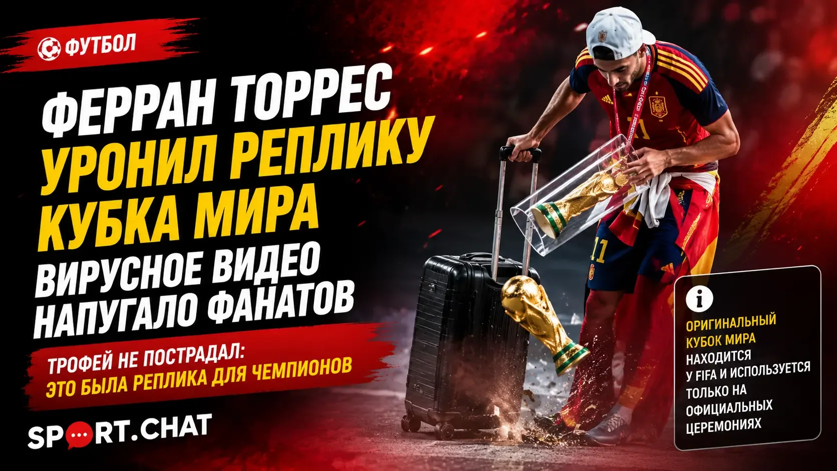 Ферран Торрес уронил копию Кубка мира и напугал болельщиков.Видео.