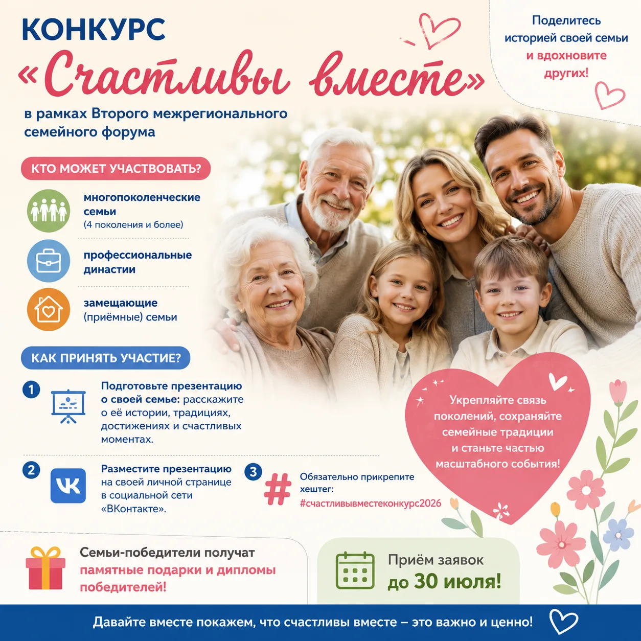 👨‍👩‍👧‍👦 Уважаемые родители!

Приглашаем ваши семьи принять участие в конкурсе «Счастливы вместе»