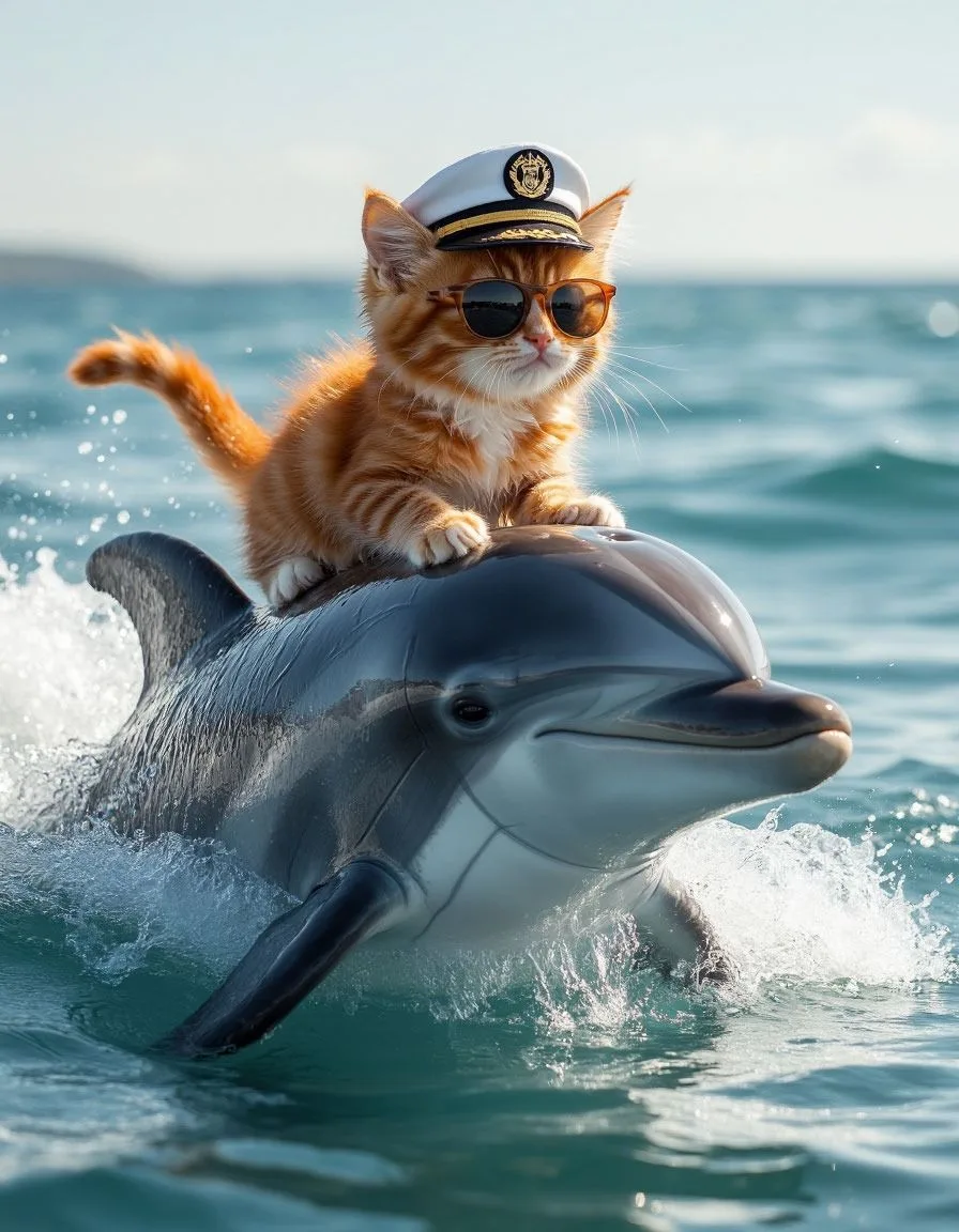 A small business kitten in sunglasses, a small captain's cap, sitting on a dolphin in t...