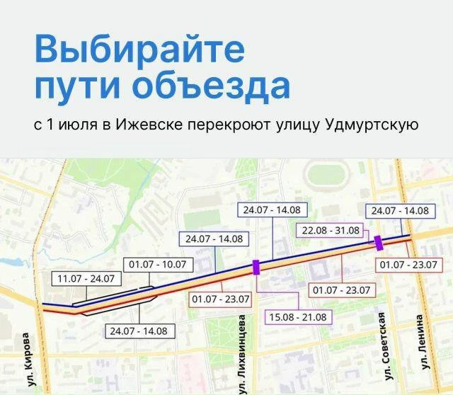 Улица Удмуртская будет закрыта на два месяца. 

Ограничения вступят в силу с 1 июля по 31 августа; д
