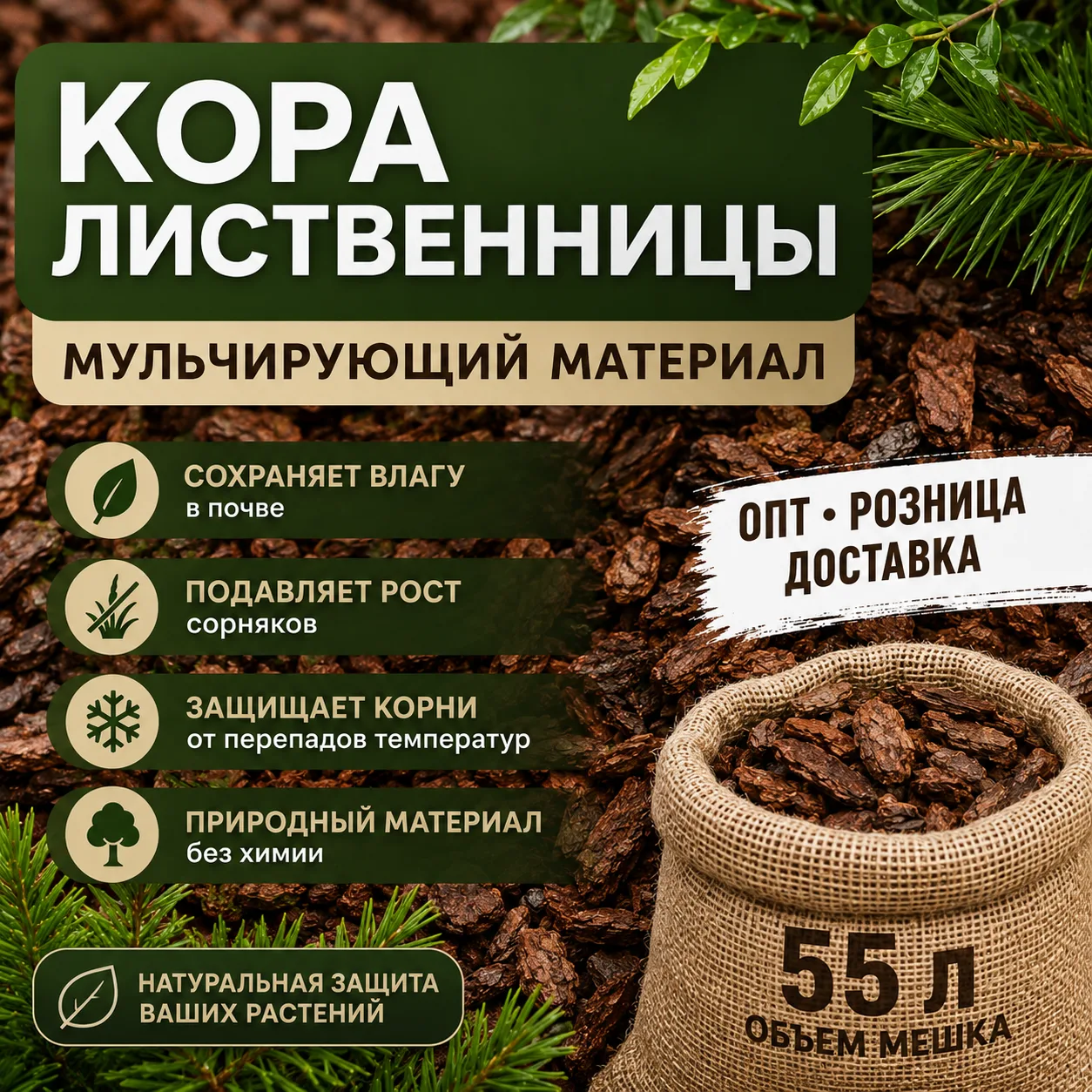Мульча из коры сибирской лиственницы🌲

считается одним из лучших материалов для оформления сада. Бл