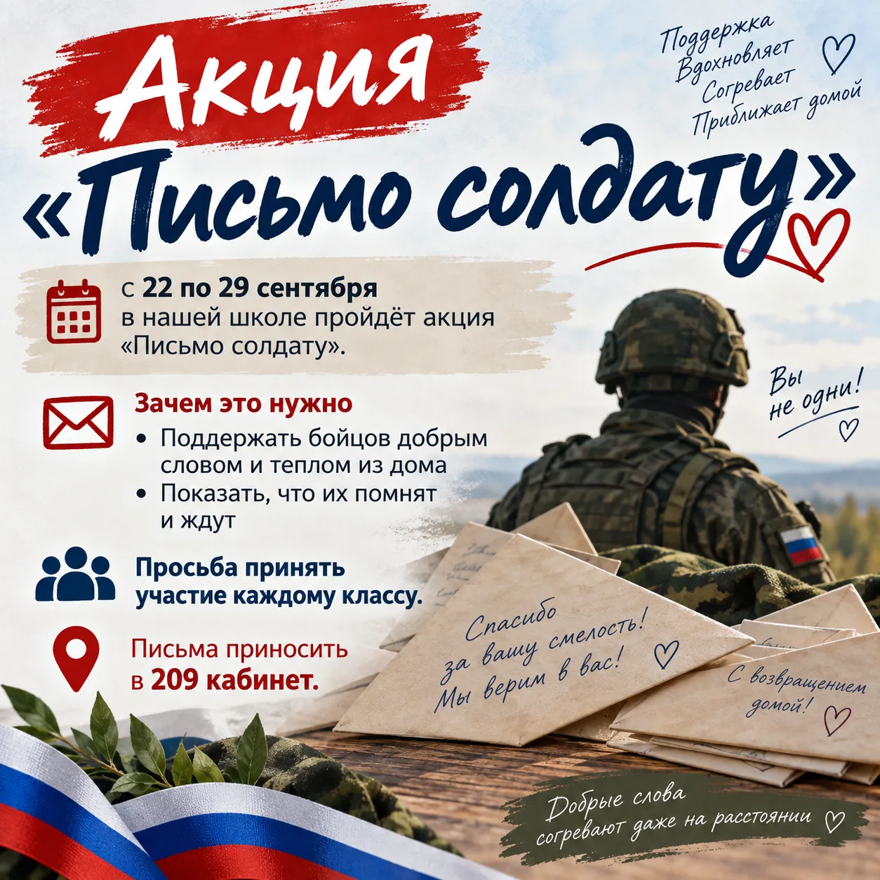 В нашей школе прошла акция «Письмо солдату»: ученики подготовили тёплые письма, рисунки...