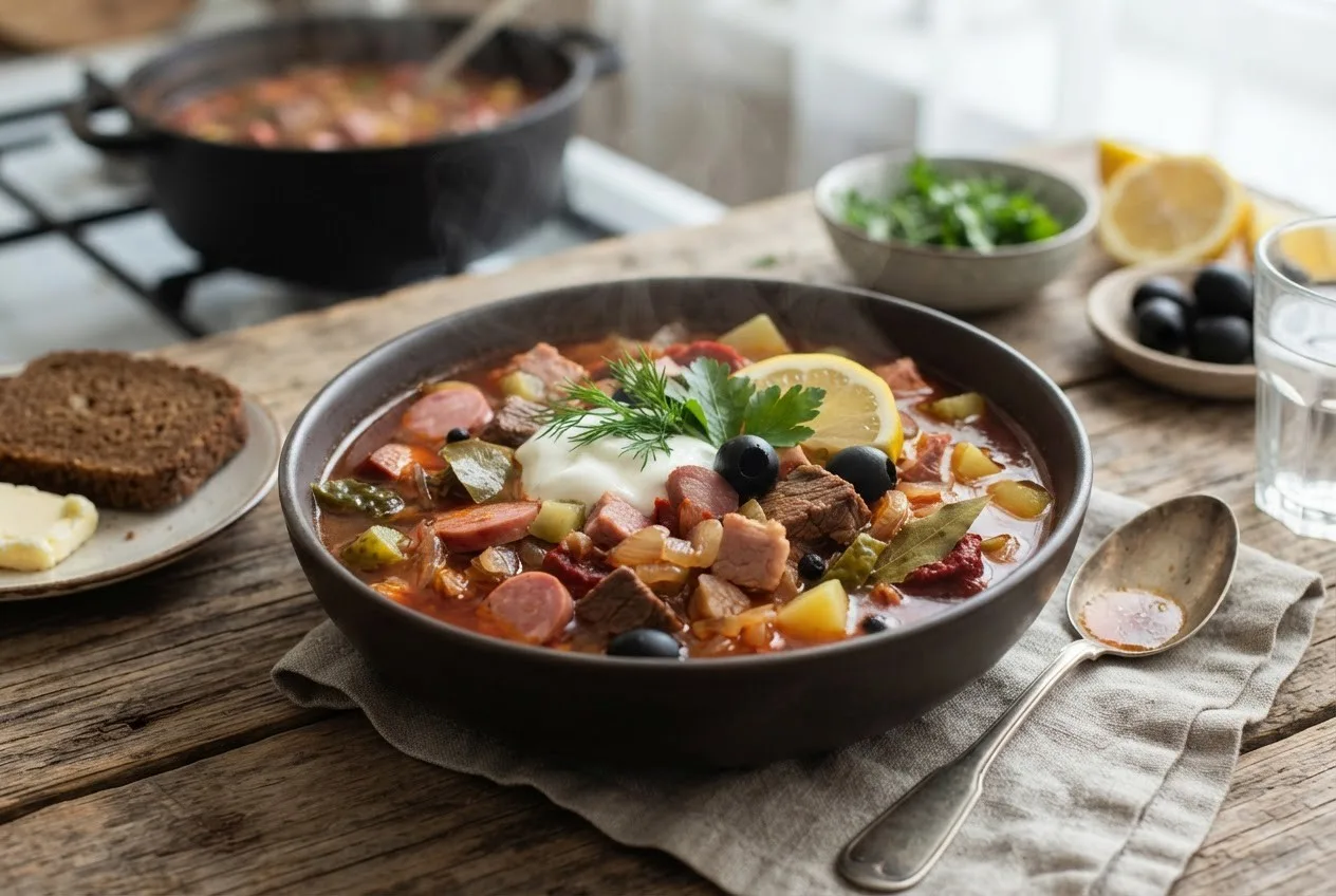 Рецепт солянки с несколькими видами мяса и оливками