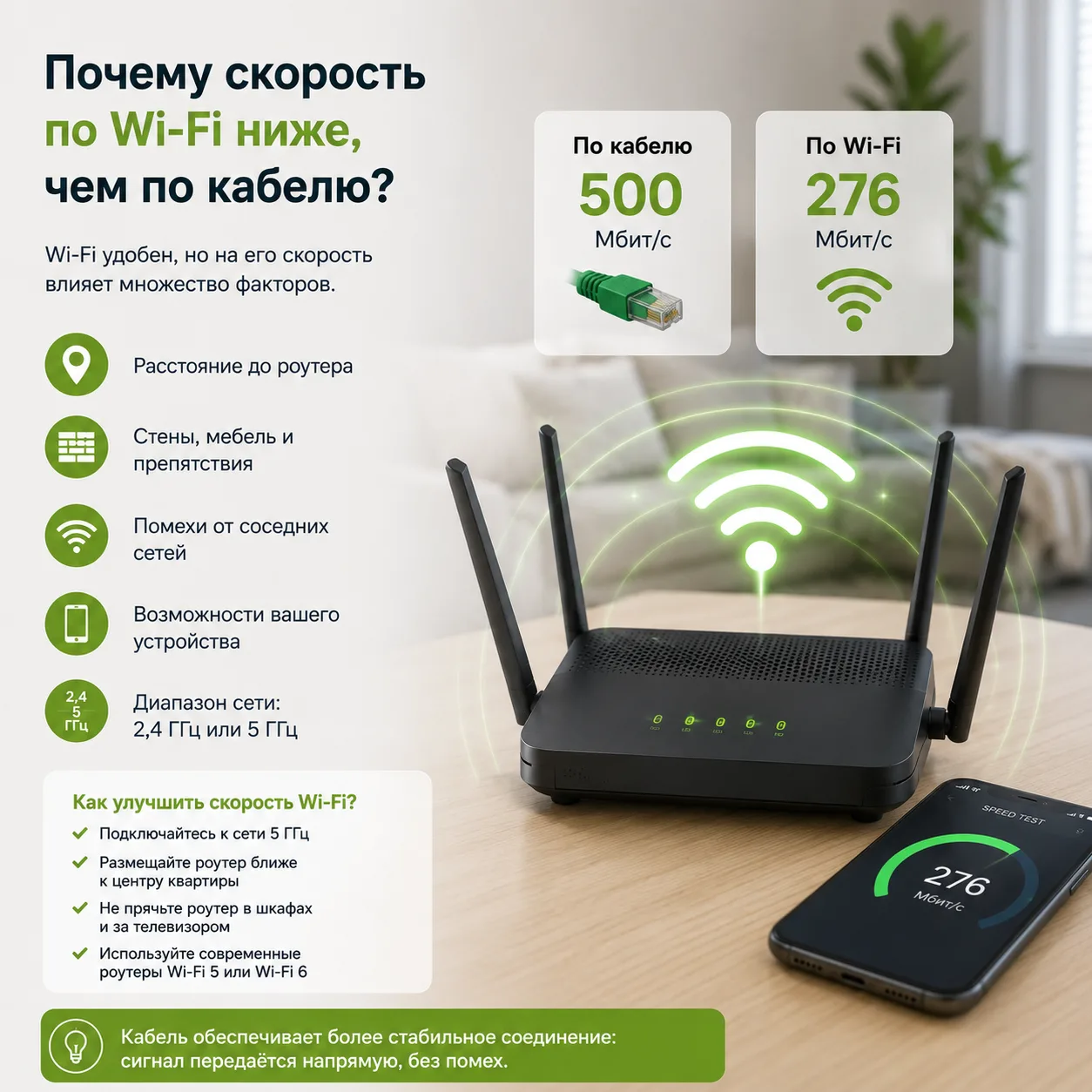 📶 Почему скорость по Wi-Fi ниже, чем по кабелю?

Многие замечают, что при тарифе 500 Мбит/с по кабе