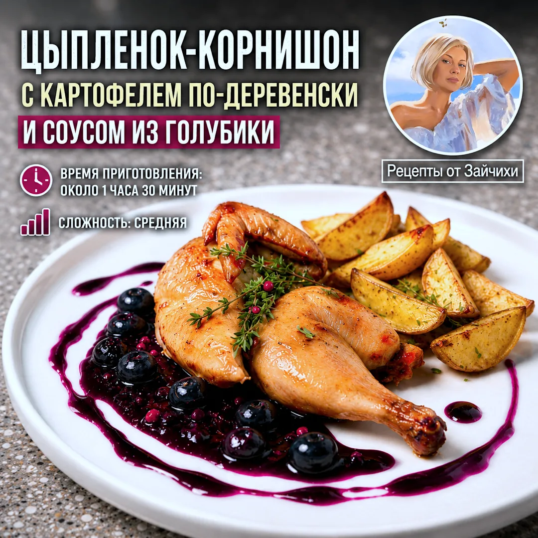 Цыплёнок-корнишон с картофелем по-деревенски и соусом из голубики