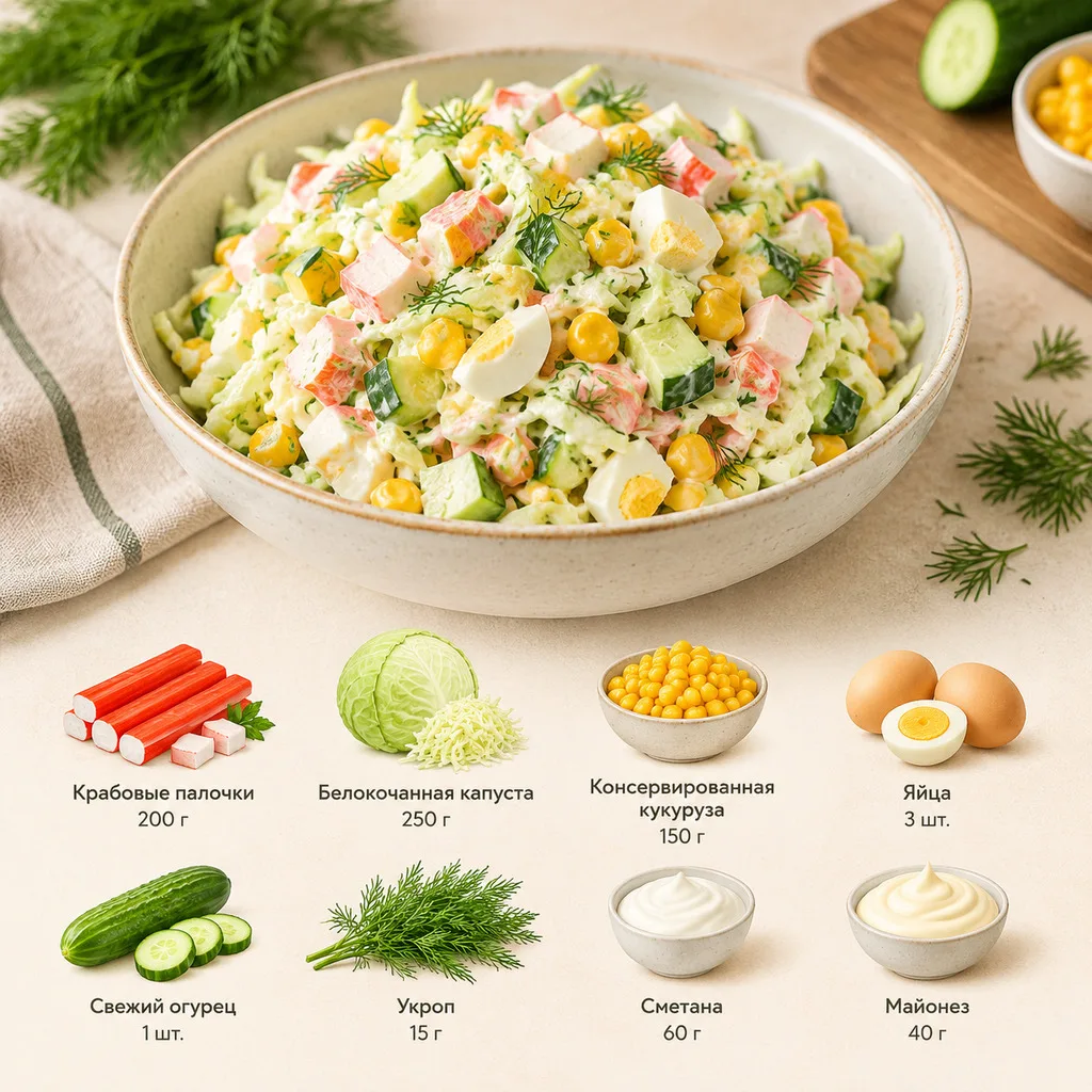 Салат с крабовыми палочками, капустой и кукурузой 🤤