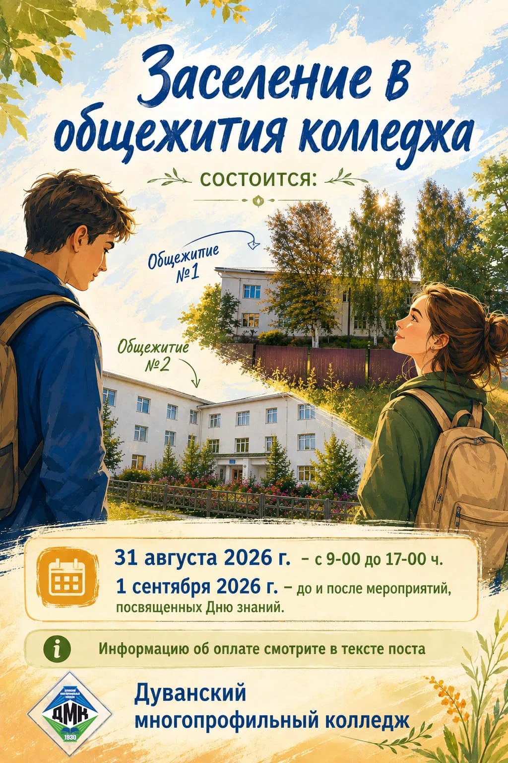 Уважаемые студенты (всех курсов) заселение в общежития колледжа будет осуществляться: