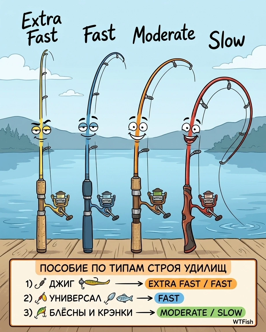 🎣 Строй спиннинга — WTF вообще? 
 
Строй — это то, как гнётся удилище под нагрузкой. Он показывает,