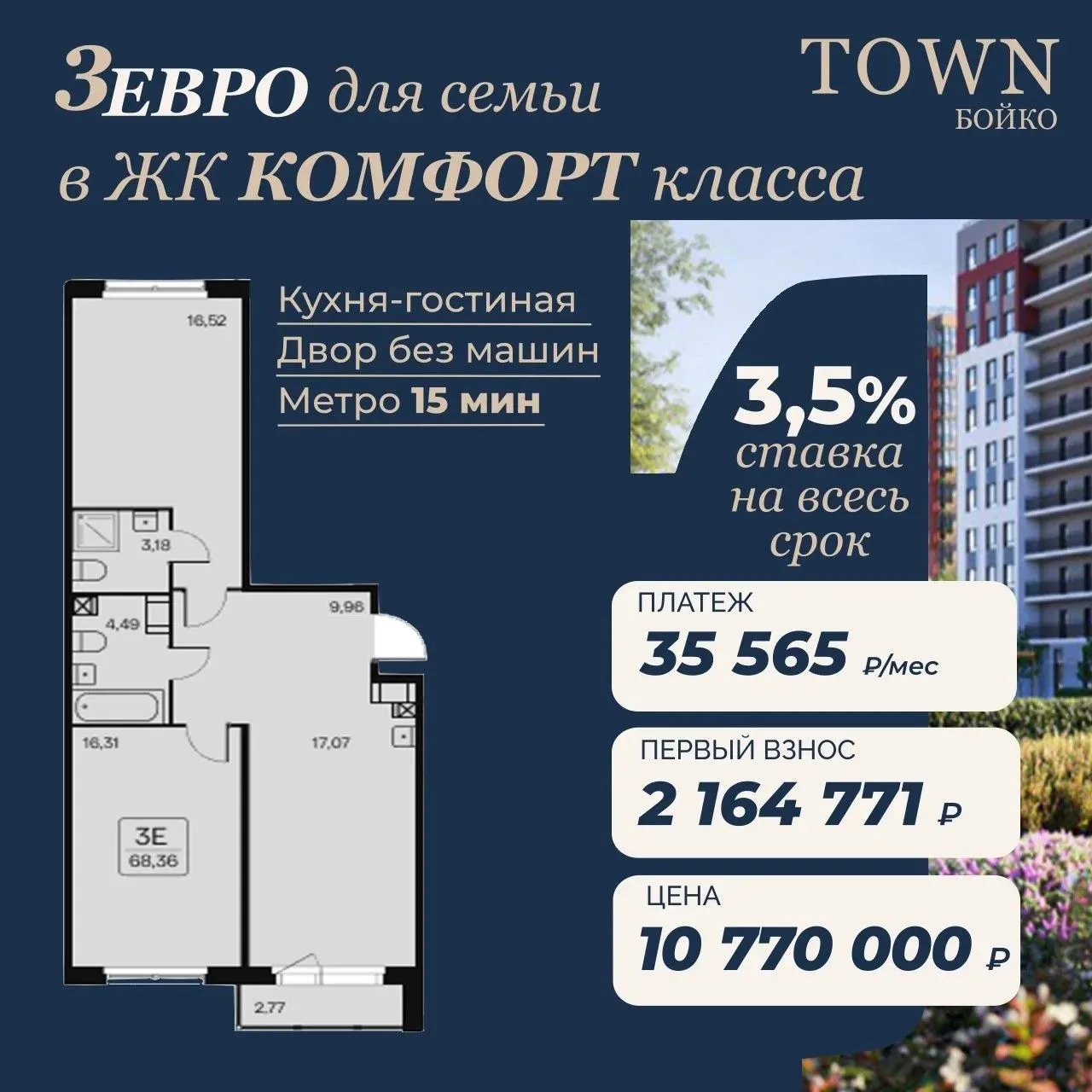 3Е квартира для семьи с платежом 35 565 ₽