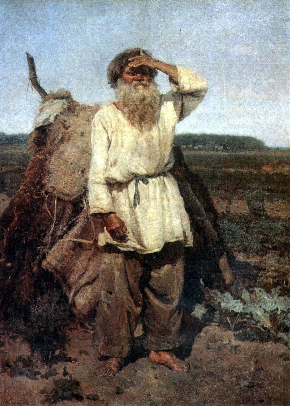 Перед нами крестьянин, который всю жизнь работает на земле. Он стоит среди грядок с кап...