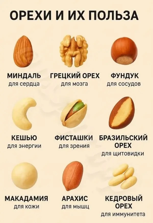 🌰 Орехи — маленькие, но очень полезные! 💪✨
Каждый вид орехов имеет свои суперспособности для здоро