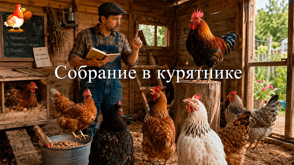 Собрание в курятнике сорвано – хозяин читает лекцию, несушки требуют премию, а петух за...