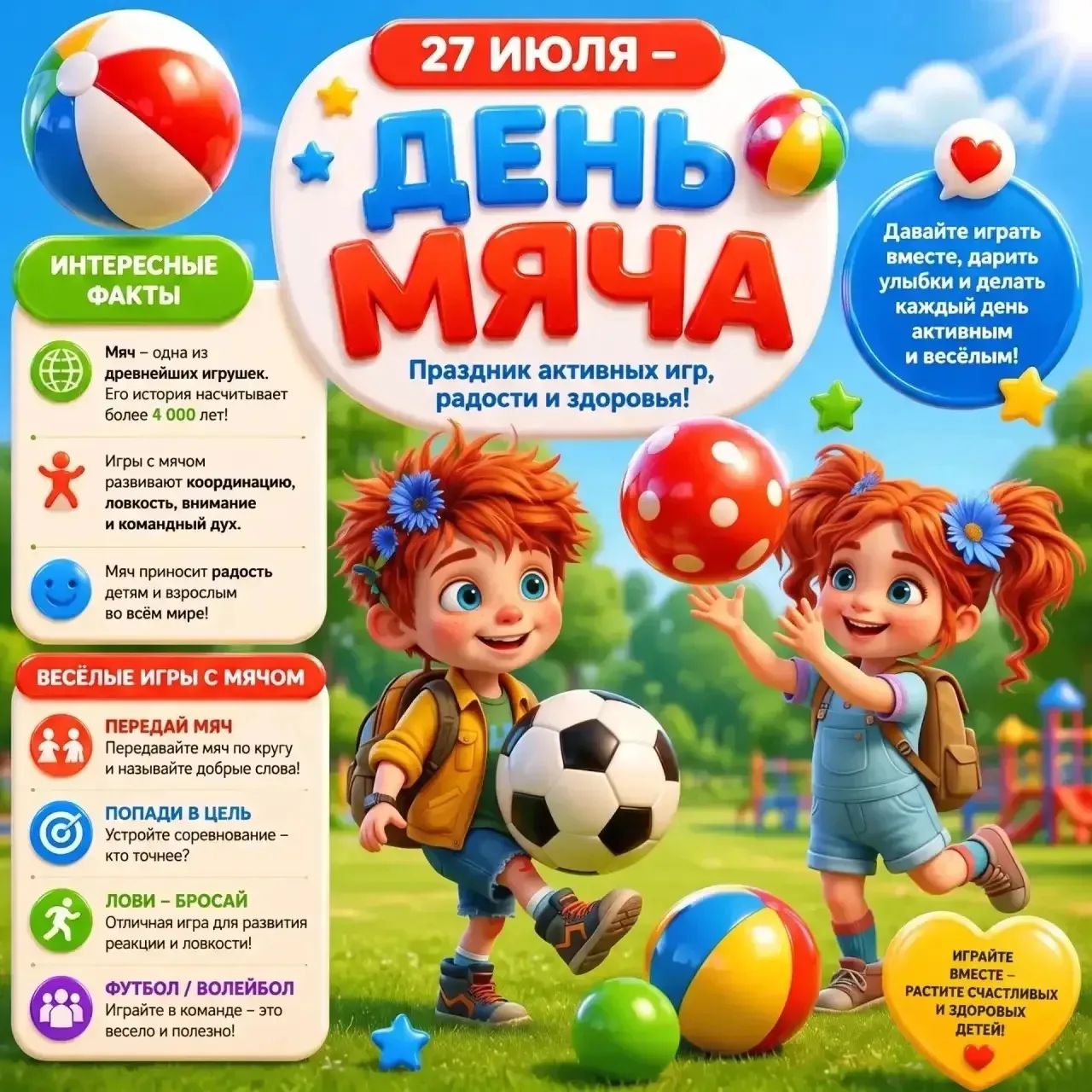 Сегодня, 27 июля,  Международный день МЯЧА. 🎉🏐⚽🥎✨

Казалось бы, просто резина или кожа. Но на сам