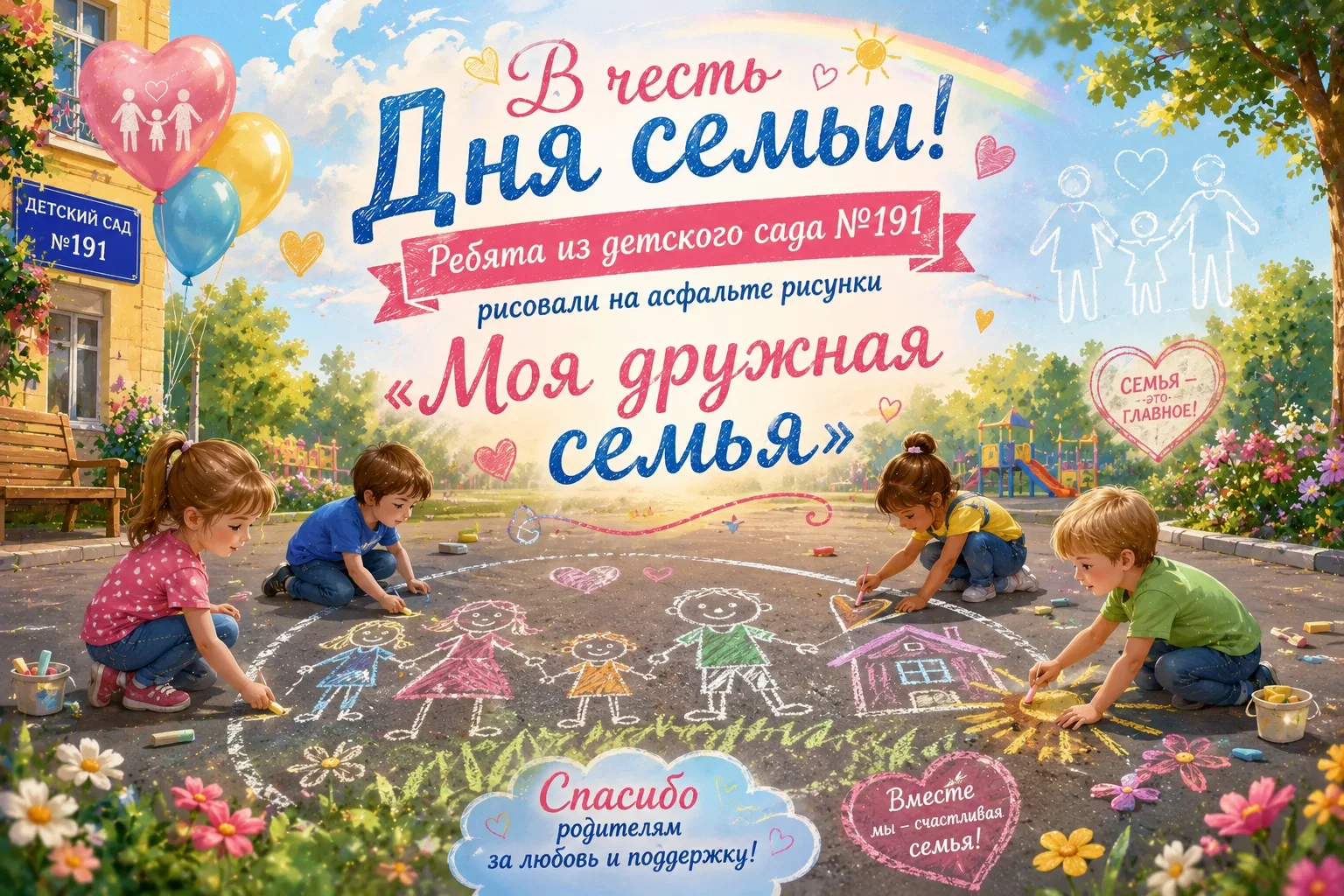 ☀️ В честь Дня семьи наши малыши устроили настоящий творческий праздник! 
Ребята взяли цветные мелки