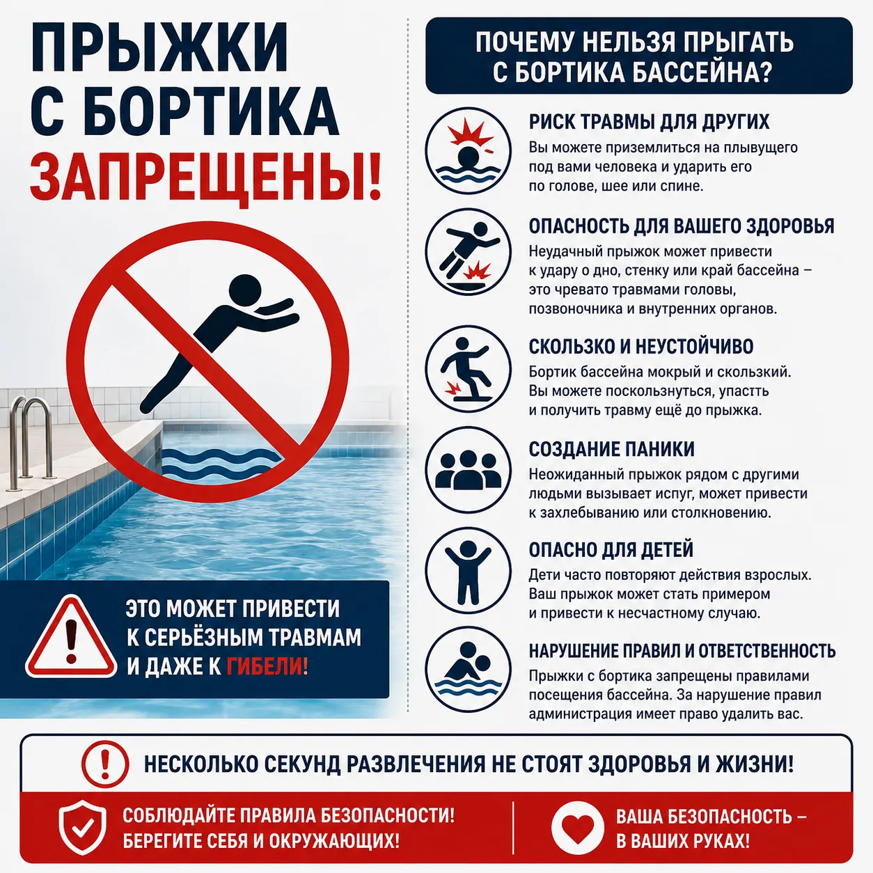 Разберём самый распространённый вопрос , почему нельзя прыгать в бассейн🫶

❗ Прыжок с бортика может