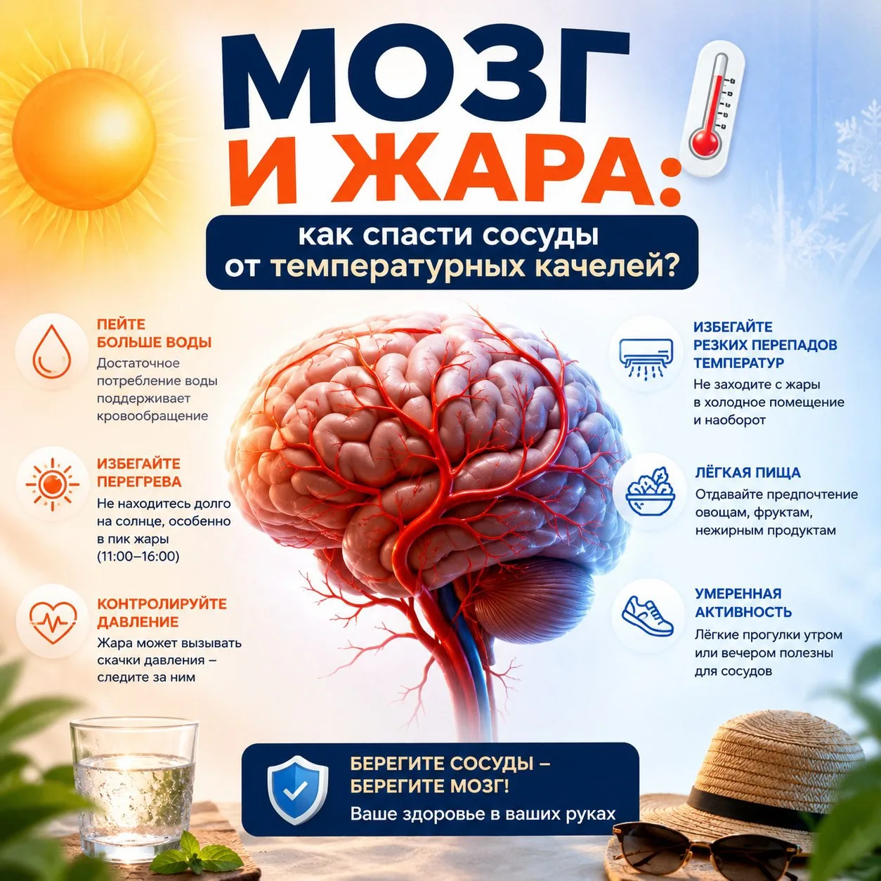 МОЗГ И ЖАРА: как спасти сосуды от температурных качелей? 🌡️

Наш мозг чрезвычайно чувствителен к пе