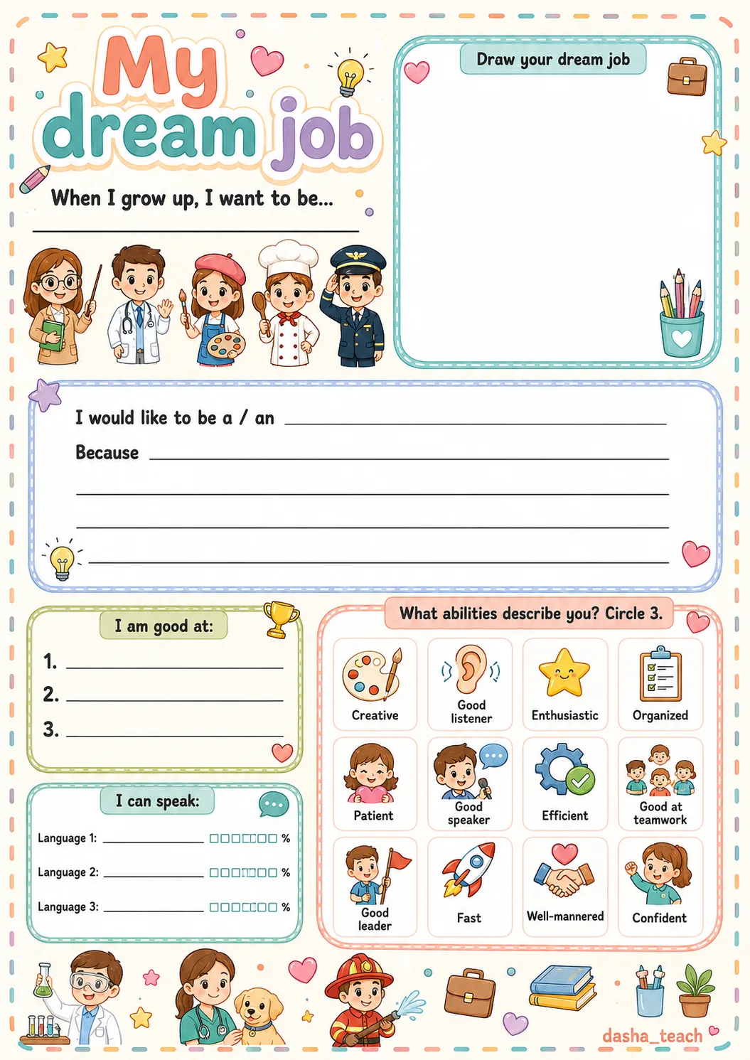 💼✨ my dream job worksheets

цветные рабочие листы для занятий по теме профессий и будущей работы. у