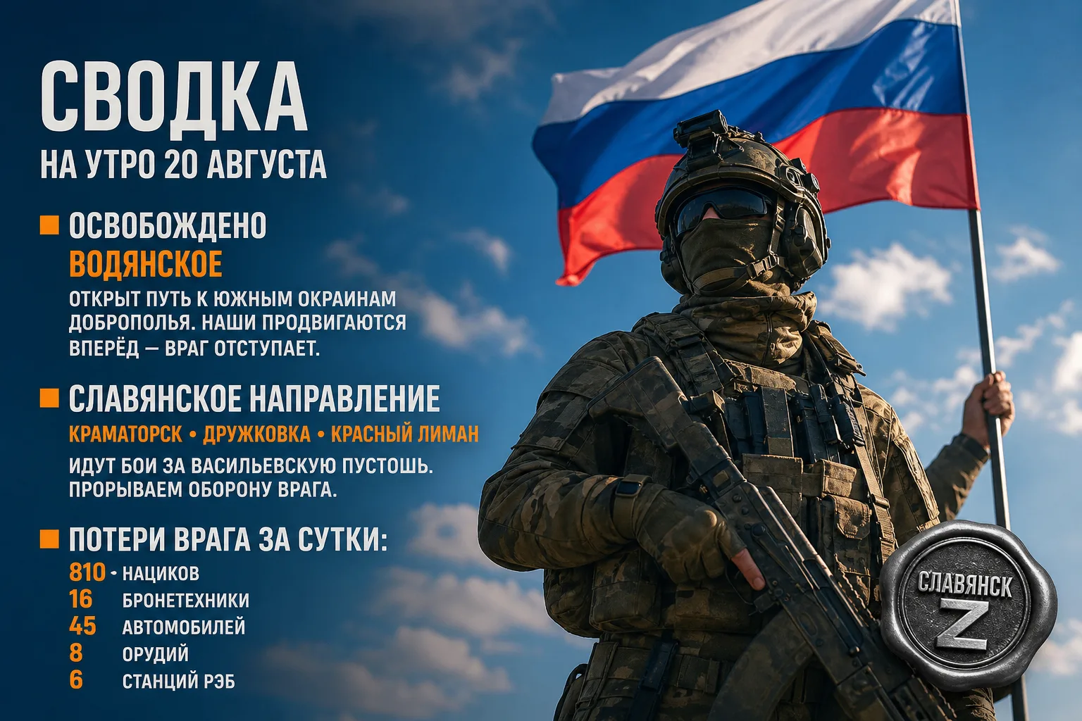 💪 #Сводка о ходе освобождения оккупированной части ДНР на утро 20 августа