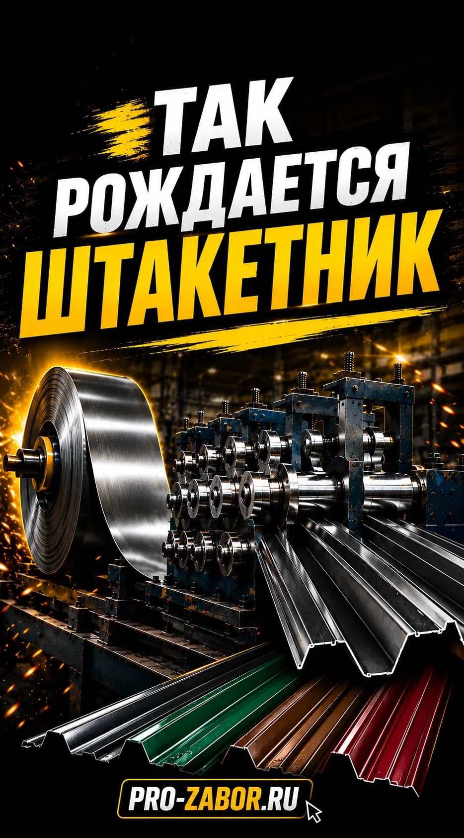 💥 Как рождается штакетник?
👉 штрипса подаётся в станок
👉 проходит через ролики
👉 получает нужную
