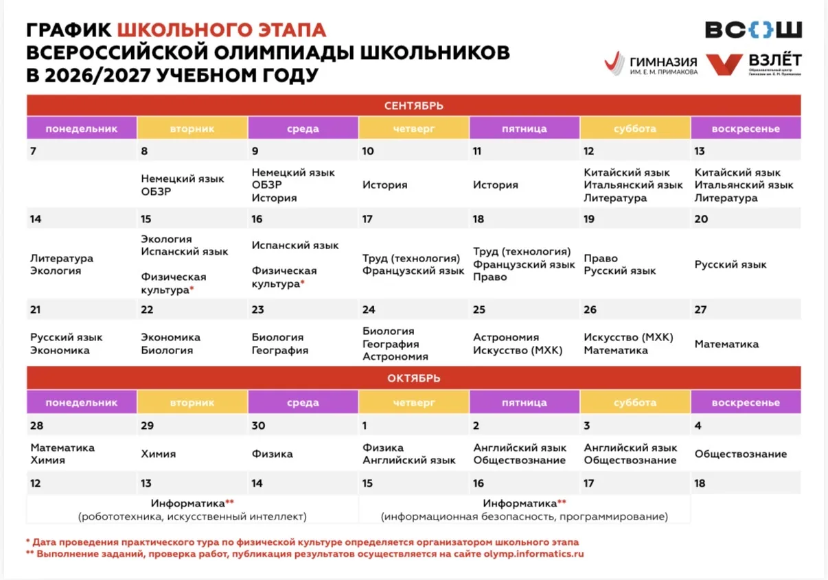 СТАЛИ ИЗВЕСТНЫ СРОКИ ПРОВЕДЕНИЯ ШКОЛЬНОГО И МУНИЦИПАЛЬНОГО ЭТАПОВ ВСОШ В 2026/2027 УЧЕБ...