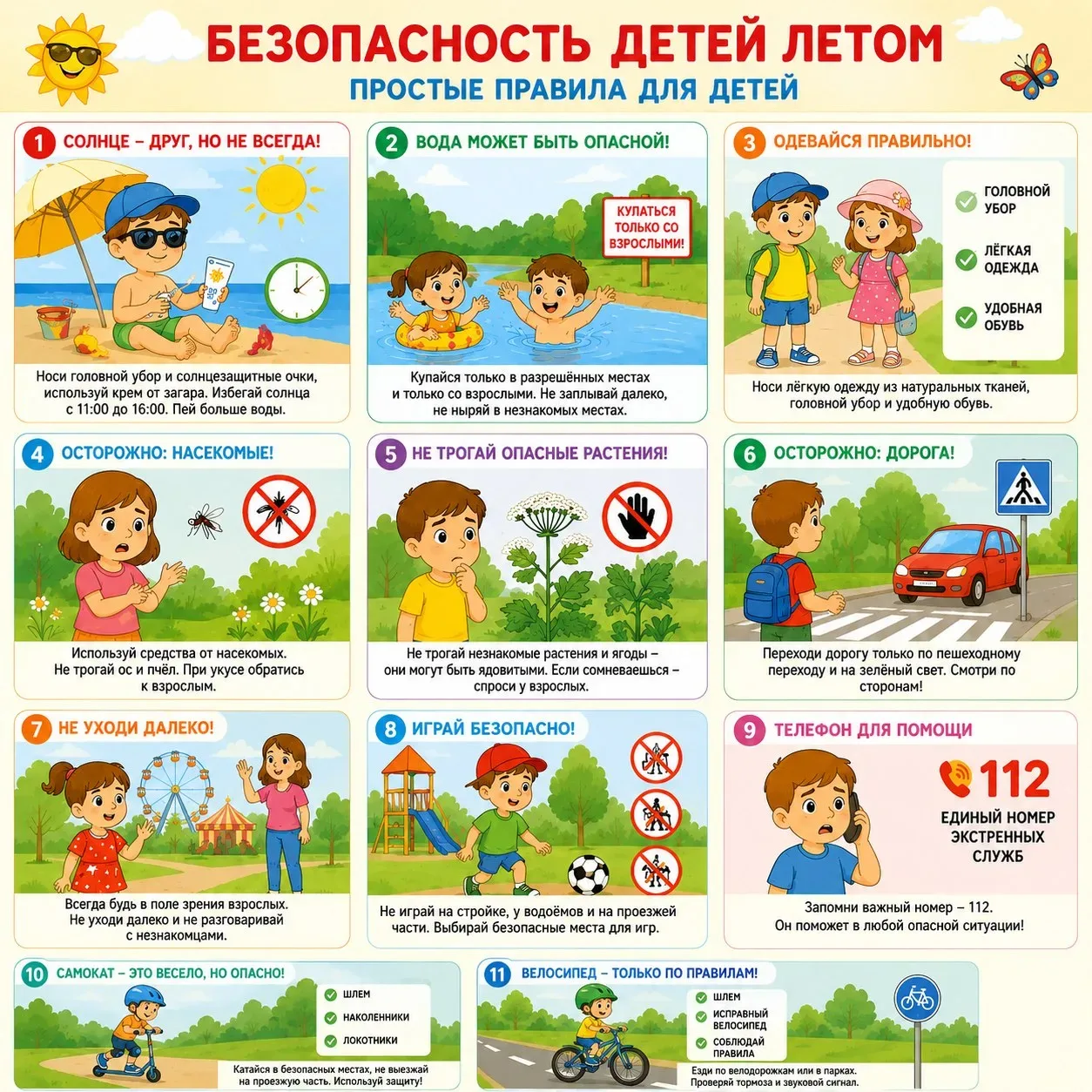 ☀️ Безопасность детей летом. Коротко о важном
Уважаемые родители!

☀️ Носите головные уборы
💧 Не ос