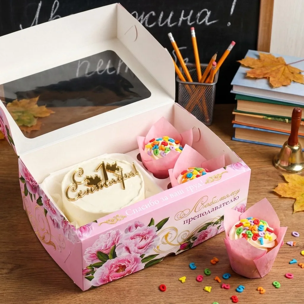 🌸 Коробка складная на 6 капкейков с окном «Любимому преподавателю» 25*17*10 см.