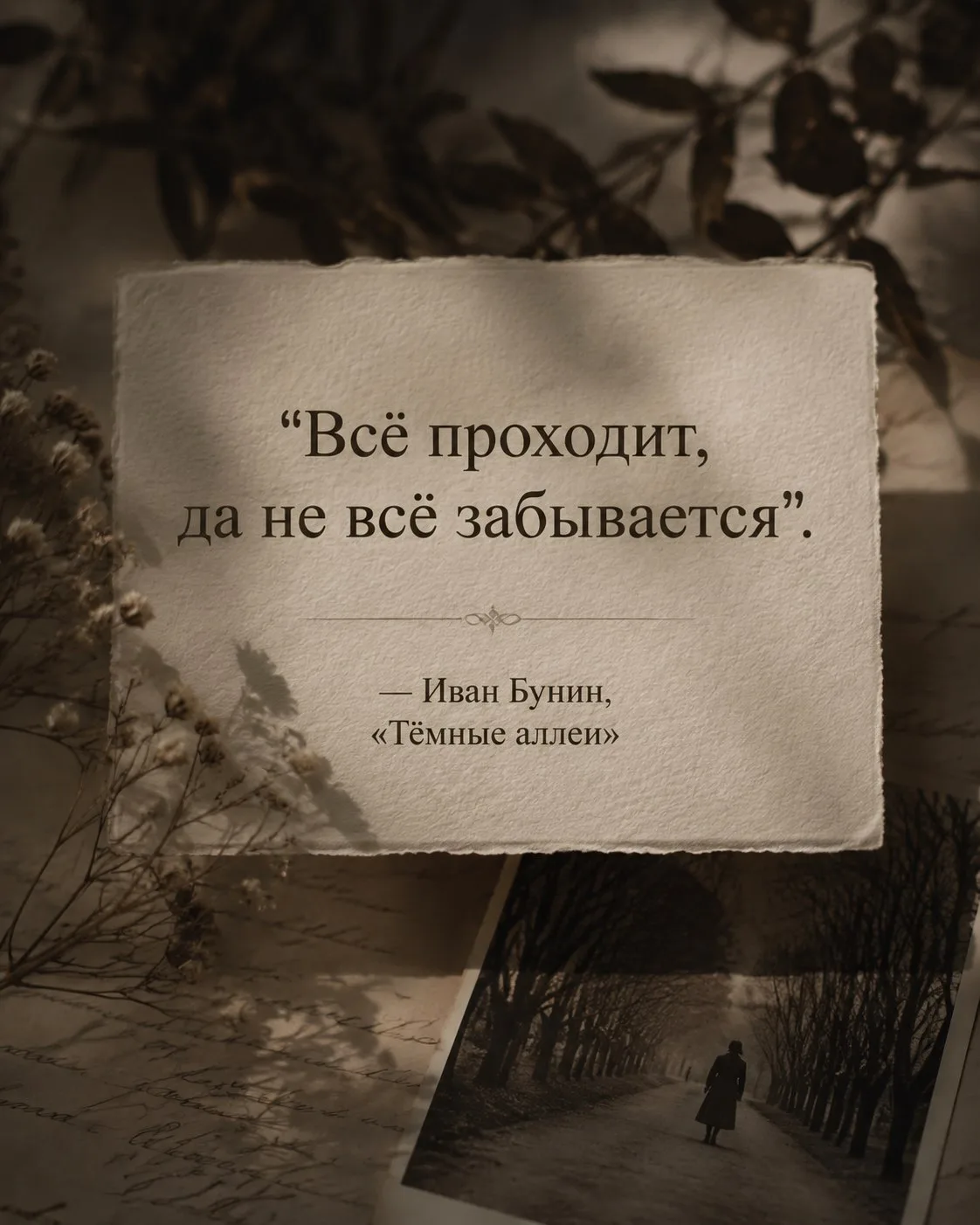 Всё проходит, да не всё забывается.
📚 Иван Бунин, «Тёмные аллеи»

#цитатыизкниг

Территория души