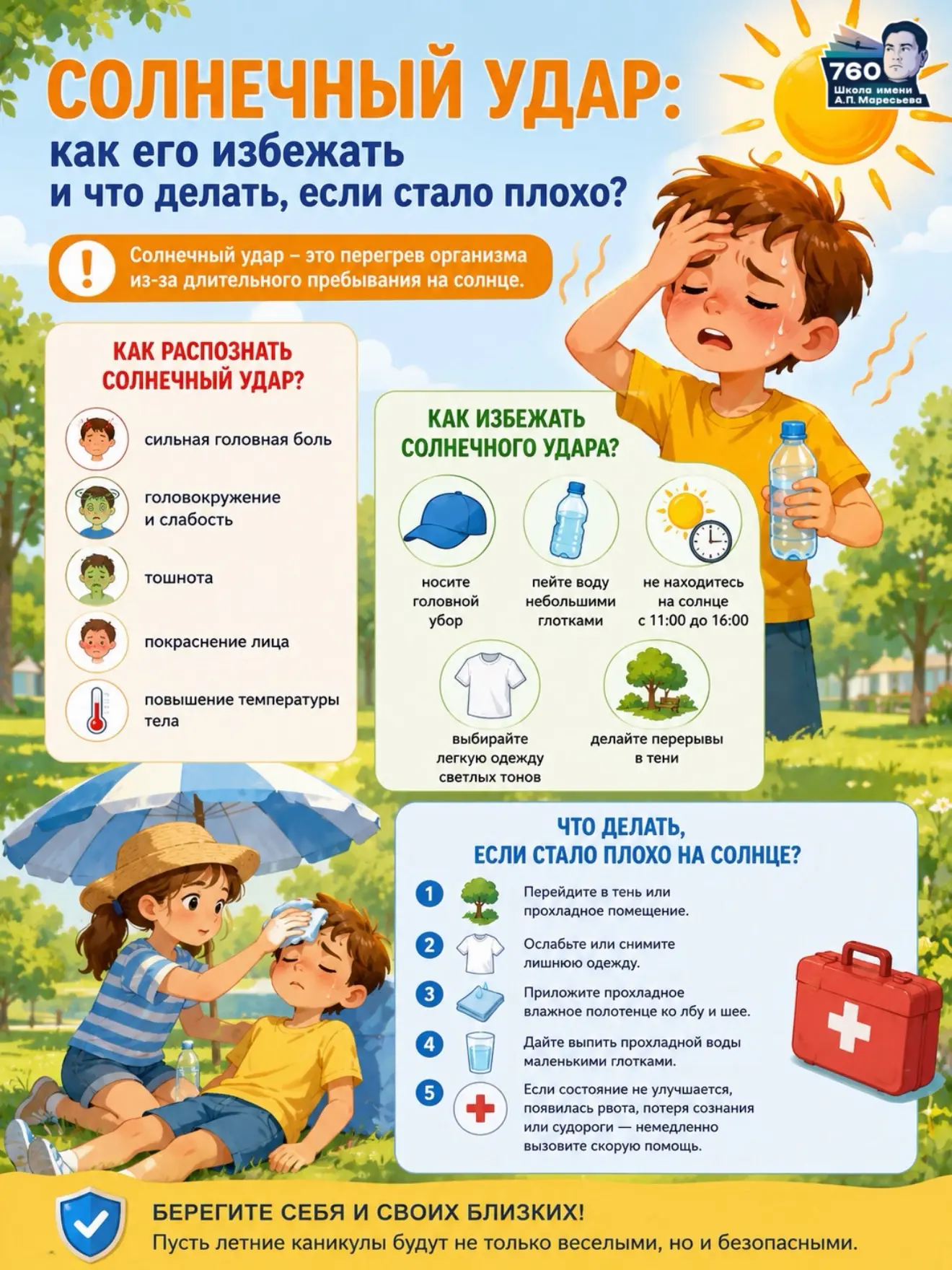 ☀️🛡️ Солнечный удар: как его избежать и что делать, если стало плохо?

Летом важно помнить: длитель