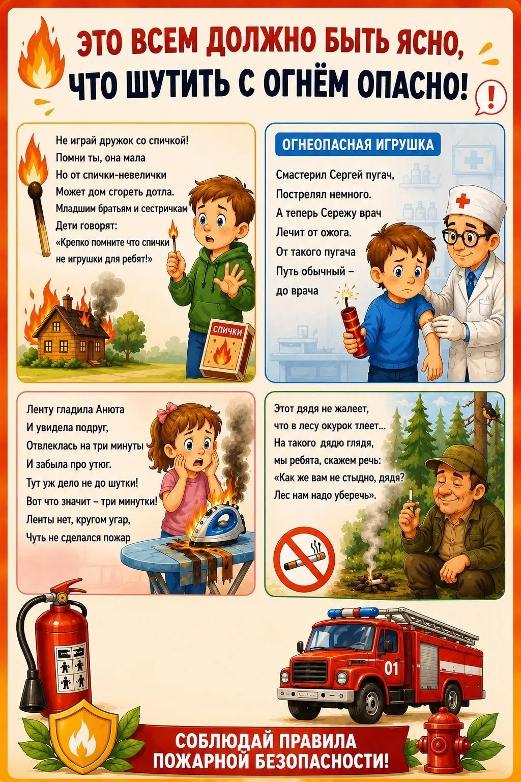 ПОЖАРНАЯ БЕЗОПАСНОСТЬ ДЛЯ ДОШКОЛЬНИКОВ 
Одна спичка, забытый утюг или непотушенный костёр могут стат