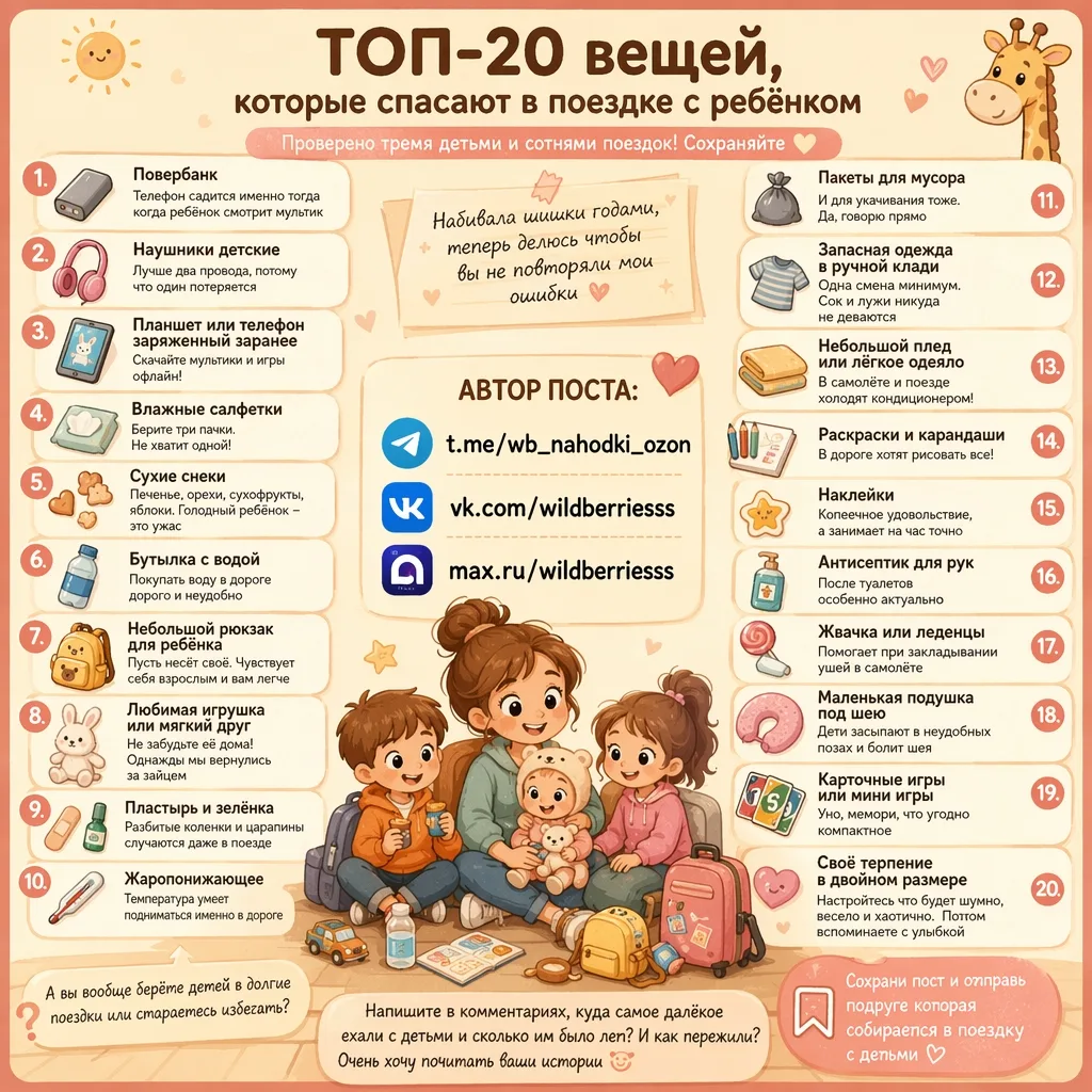 📌 ТОП-20 вещей, которые спасают в поездке с ребёнком🚗

Три ребёнка и я уже столько раз ездила с ни