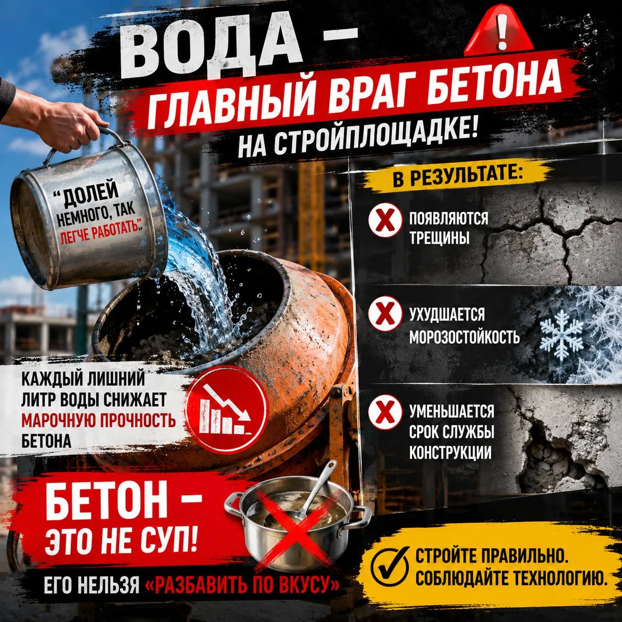 ⚠️ ВОДА — ГЛАВНЫЙ ВРАГ БЕТОНА НА СТРОЙПЛОЩАДКЕ.

Фраза: «Долей немного, так легче работать» может ст