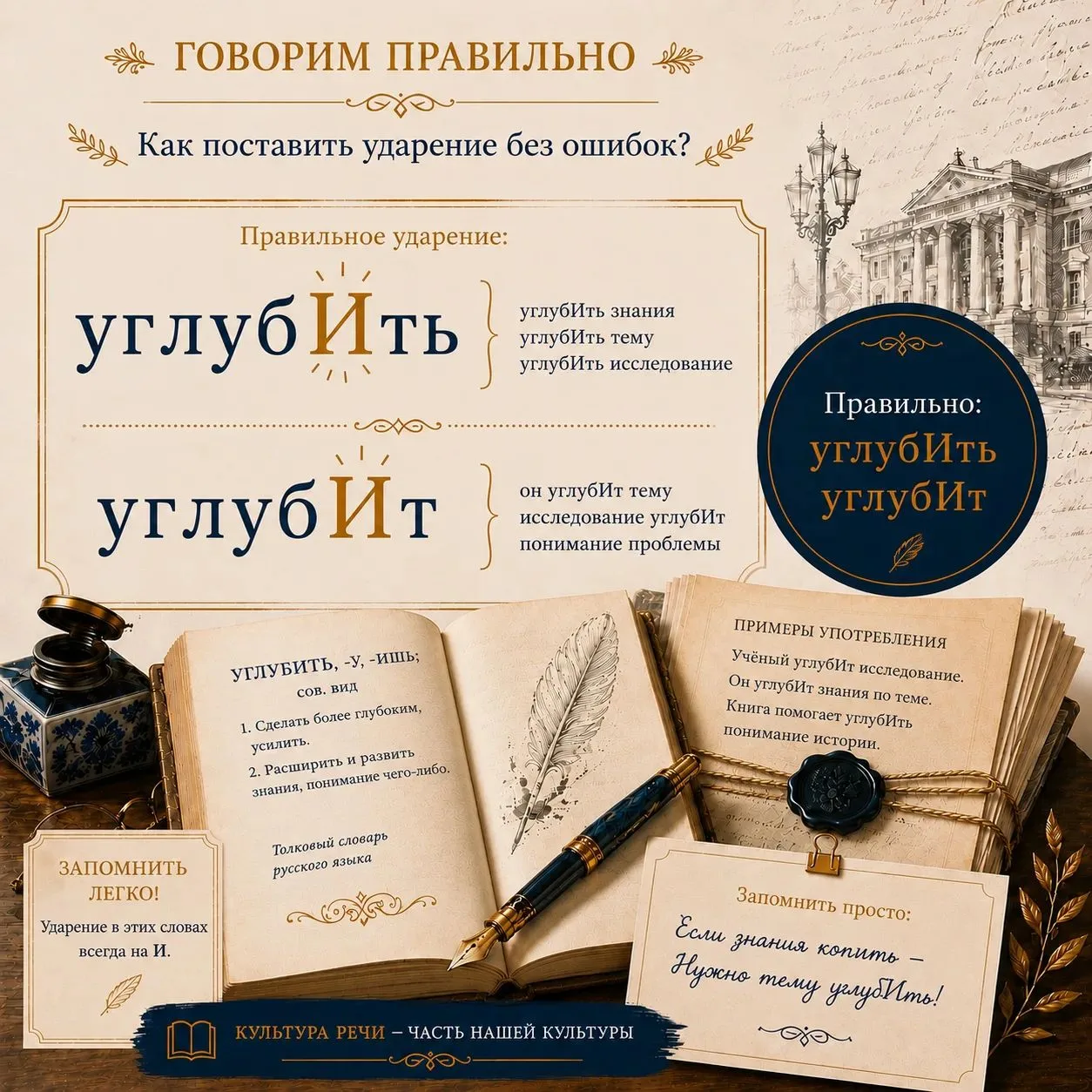 📚 ГОВОРИМ ПРАВИЛЬНО

«УглУбить» или «углубИть»?
«УглУбит» или «углубИт»?

Эти слова нередко звучат 