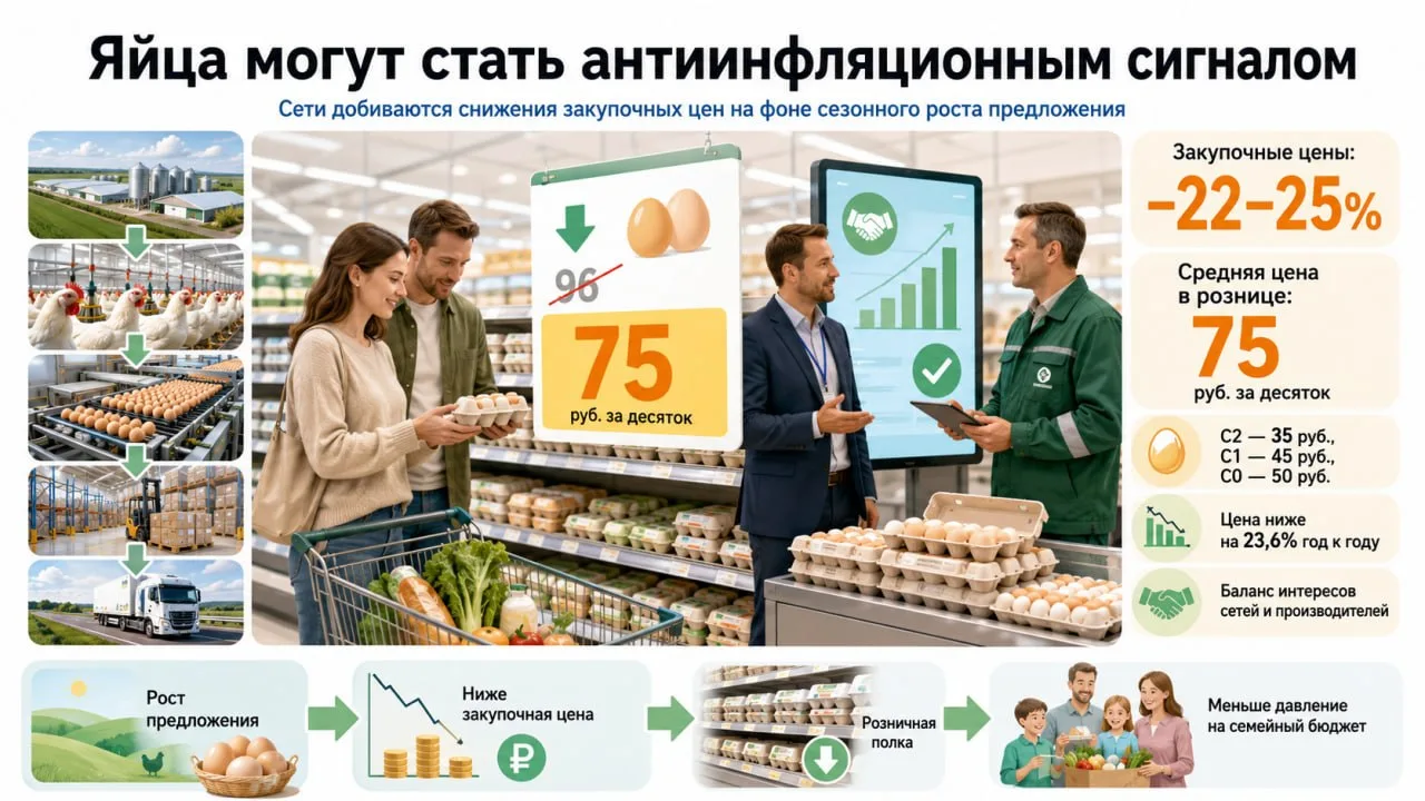 Крупные торговые сети добиваются снижения закупочных цены на яйца на 22–25%. По данным «Коммерсанта»