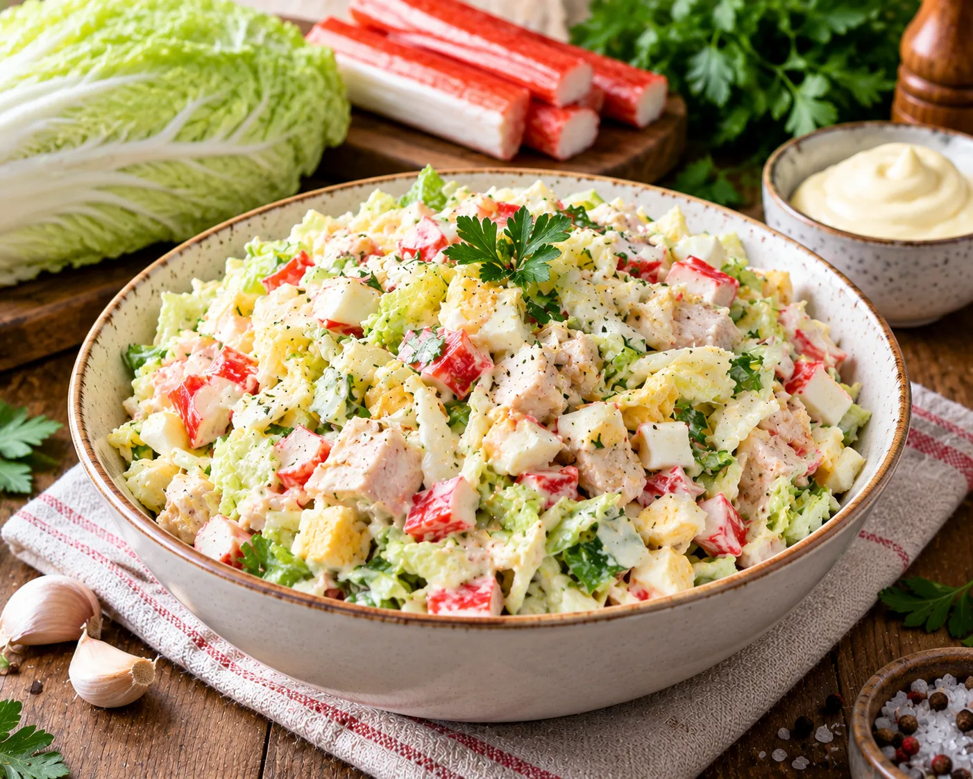 🦀 Крабовый салат по-новому — с курицей и хрустящей пекинской капустой! 🥬🍗