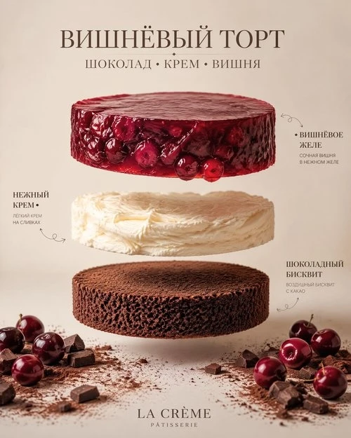 Вишнёвый торт с желе 🍒✨
🗒 Ингредиенты:

Шоколадный бисквит:
✅ Мука — 200 г
✅ Сода — 3 г
✅ Разрыхли