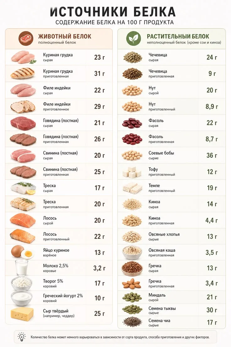 Источники белка на 100 г продукта 🥩
